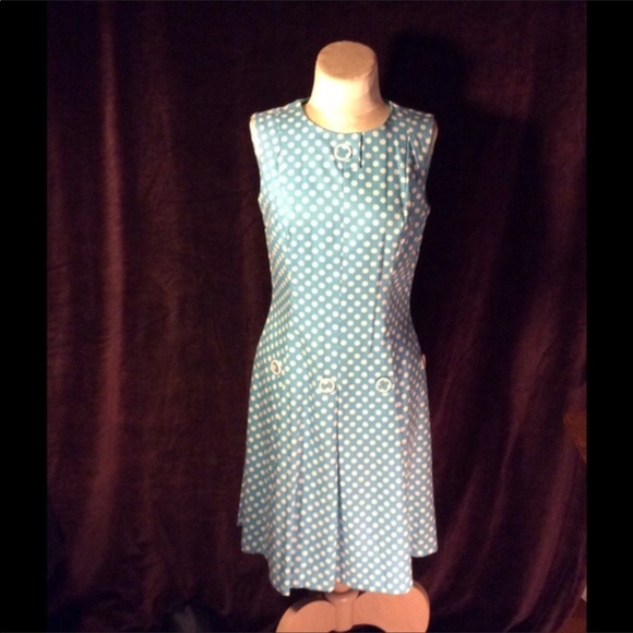 Vintage Dresses & Skirts - Vintage aqua linen with white polkadots dress